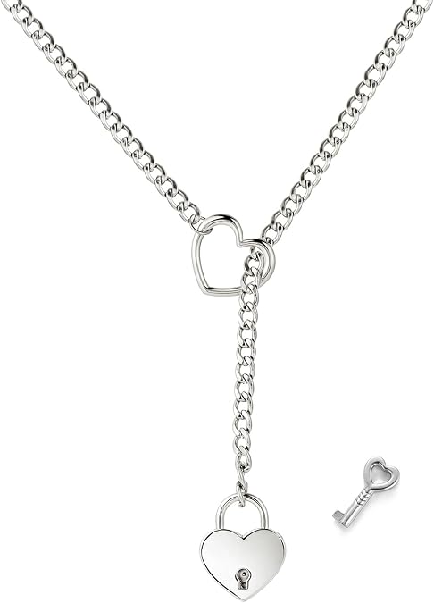 MIFYNN Heart O ring Slip Chain Necklaces for Women Stainless Steel Cuban Chain Bar Necklace Punk Rock Collar Necklace Handmade Adjustable Lariat Y Necklaces for Men