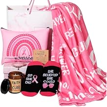 Tioncy 7 Pcs Breast Cancer Survivor Gifts for Women, Includes 50"x60" Coral Fleece Throw Blanket Makeup Bag Awareness Accessories Care Package for Chemo Patients