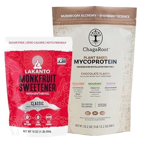 Lakanto Classic Monk Fruit Sweetener with Erythritol 1 lb and ChagaRoot MycoProtein Mushroom Protein Powder Chocolate 1.76 lb