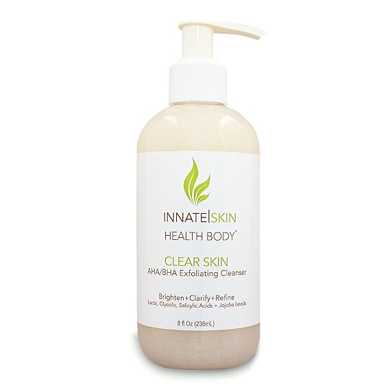 Clear Skin AHA BHA Exfoliating Cleanser Glycolic & Salicylic Acid Cleanser, Jojoba Beads - 8oz Pump