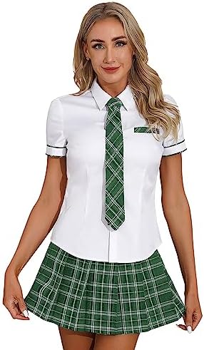 TTAO Womens Halloween School Girls Uniform Cosplay Costume Short Sleeve T-Shirt with Tartan Skirt Outfit