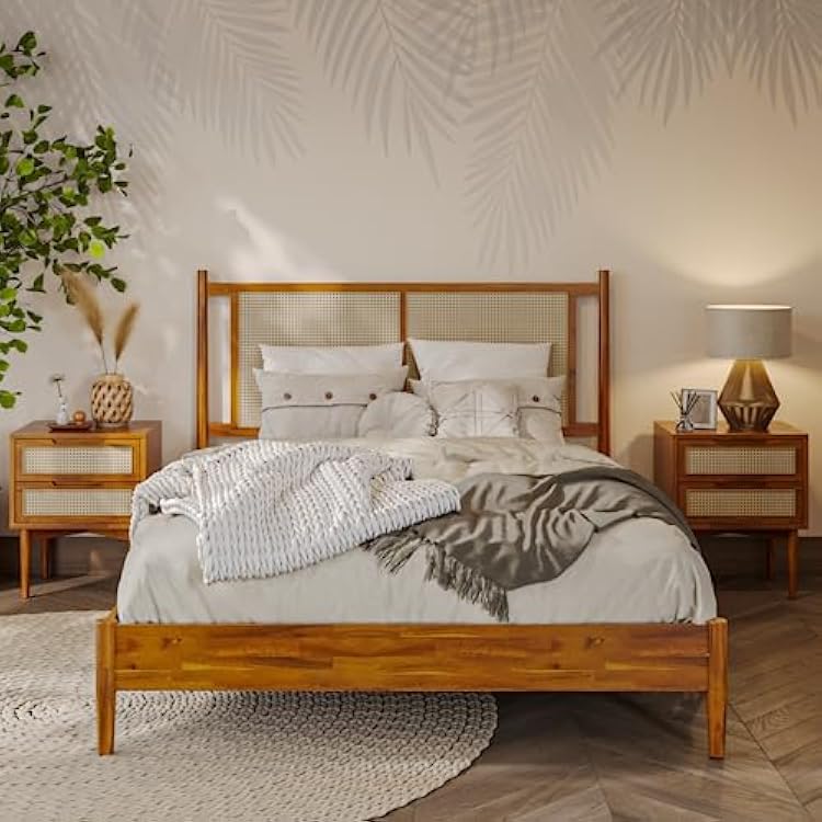 Bme Oliver Headboard Queen Size Bed Frame - 15-Inch Signature Design with Rattan Headboard, Bohemian and Mid Century Style, 12-Slat Wood Support, No Box Spring Needed - Easy Assembly, Caramel