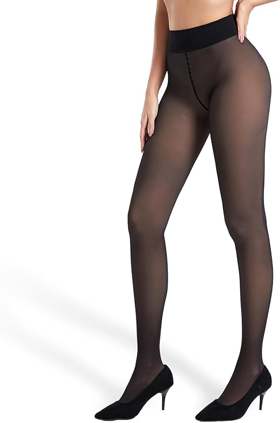 Black Fake Translucent Tights - Ultra Comfy Faux Sheer Pantyhose, Warm Opaque Durable Leggings w/Seamless Waist