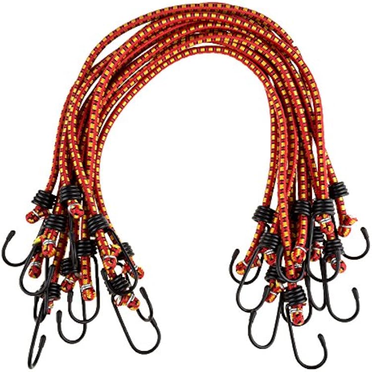 Bungee Cords - 10-Pack Virgin Rubber 24-Inch Cordage with Heavy-Duty Vinyl-Coated Hooks and Fabric Wrapping by Stalwart Red