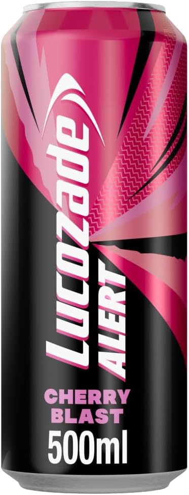 Lucozade Alert Cherry Blast 500ml – Can ; High Caffeine Energy Drink ; Naturally-sourced caffeine ;Great Taste; Contains vitamin B3 to help reduce tiredness ;Fully recyclable