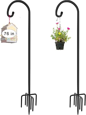 76 inch Outdoor Shepherd Hook with 5 Prong Base 2 Packs, Adjustable Heavy Duty Garden Hanging Stake for Bird Feeder Solar Light Plant Hanger Wedding Decor, Matte Black