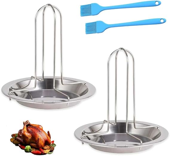 2 Pieces Chicken Roaster Rack, Chicken Holder, Stainless Steel Vertical Chicken Stand Roaster with 2 Basting Brushes, For Oven, Barbecue Grilling Cooking, Charcoal Grill Oven and Roaster