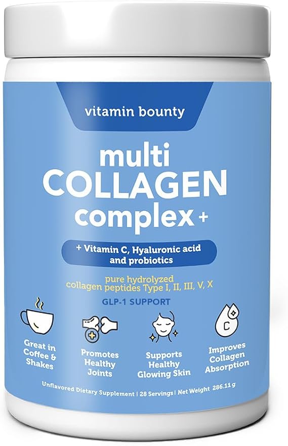 Vitamin Bounty Multi Collagen Peptides Powder for Men & Women (Complex Plus) - 5 Types Hydrolyzed Collagen Protein - Probiotics, Vitamin C & Hyaluronic Acid - Grass Fed Bovine Supplements, 28 Servings