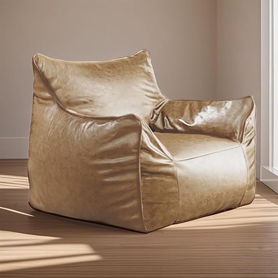 Bean Bag Cover (No Filler) Luxury Leather Bean Bag Cover Beanbag Couch Pouf Bean Bag Chair Bean Bag Sofa Cover PU Leather Bean Bag Cover for Adults and Kids(Khaki)