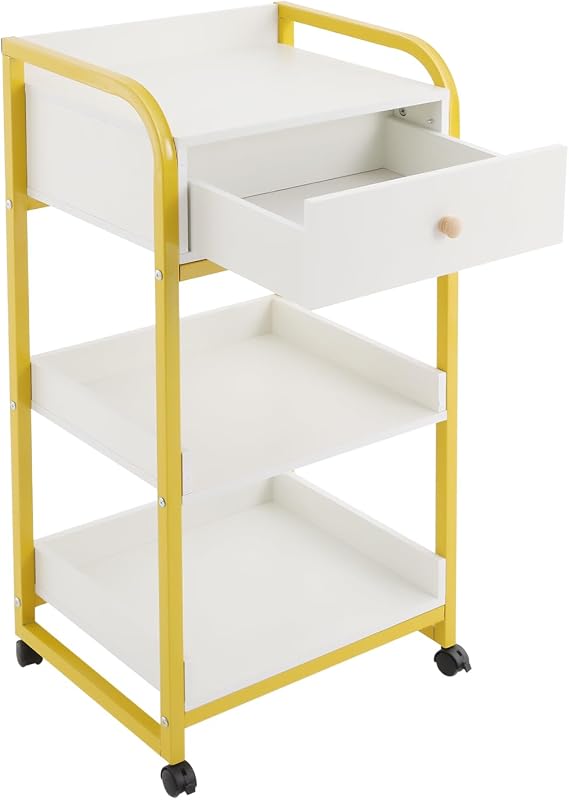 Salon Trolley Cart with Wheels, 2 Tier Rolling Hair Styling Station with Drawer, Mobile Beauty Trolley for Salon Barbershop Spa Tattoo 17.3 X 13.4 X 31.5 in (White)