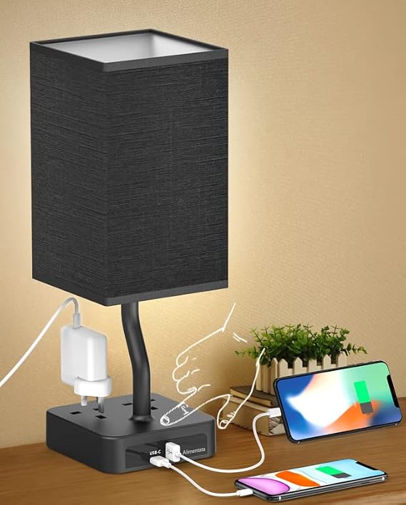 Bedside Table Lamp, Touch Control Nightstand Bedroom Lamp with USB C & USB A Charging Ports, 2 Way Outlets, Minimalist Black Fabric LED Desk Night Light for Living Room Office