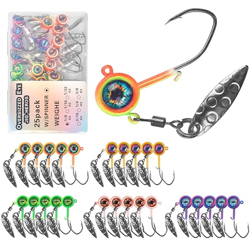 Crappie Jig Heads Fishing Lures Kit, 25pcs Underspin Jig Heads with Spinner Blade Eye Ball Head Painted Crappie Lures Fishing Jigs for Bass, Trout, Panfish, Sunfish