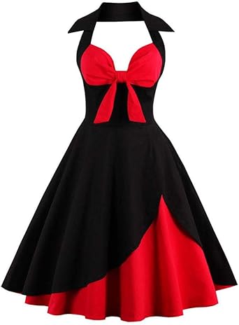 Women Vintage 1950s Rockabilly Swing Dress 50s Pinup Retro Hepburn Style A-Line Halterneck Floral Dresses