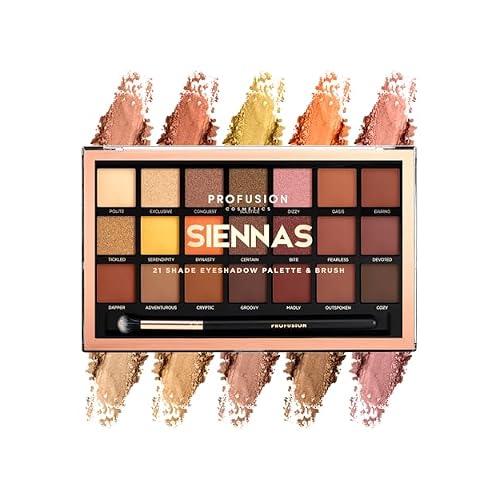 Profusion Cosmetics 21 Shade Eyeshadow Palette for Eyecatching Look, Long lasting and Cruelty Free Bright Pigmented Shades Collection and Brush, Siennas