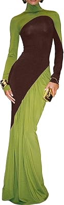 Recious Womens Sexy Long Sleeve Turtleneck Colorblock Ruched Bodycon Party Clubwear Long Dress
