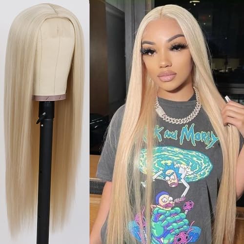 Maycaur Blonde Synthetic Hair Wigs Long Straight Hair 24 Inch Womens Wig Heat Resistant Synthetic Lace Front Wigs for Fashion Women