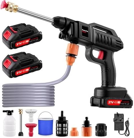 21V Pressure Washer Cordless, 1500W Portable Jet Washer Cordless with 2*Battery, 60Bar/870 PSI High Power Machine with 2 Nozzles Kit 5M Hose for Washing Cars,Floor,Garden with bucket