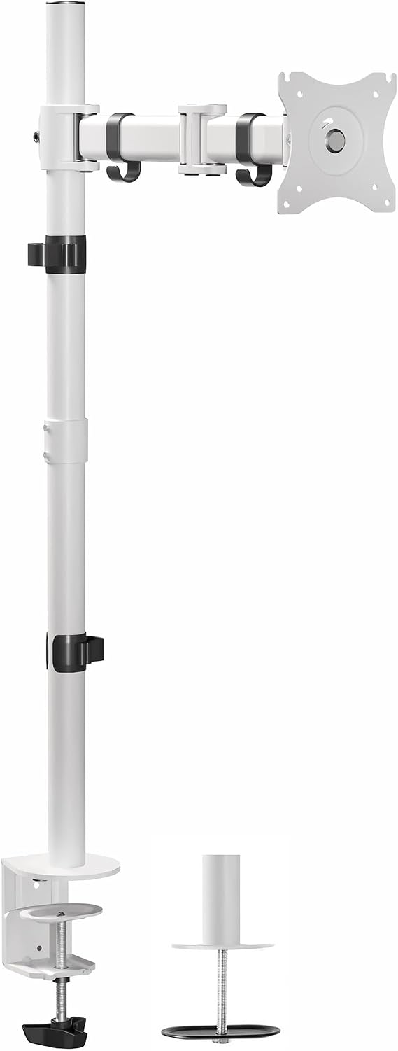 VIVO Single Monitor Desk Mount, Extra Tall Fully Adjustable Stand for 1 LCD Screen up to 32 inches, Ultra Wide Screens up to 38 inches, 22 lbs Capacity, White, STAND-V001TW