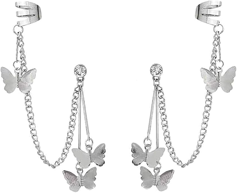 Butterfly Star Moon Leaf Silver Gold Tassel Crawler Wrap Crystal Drop Earring Set