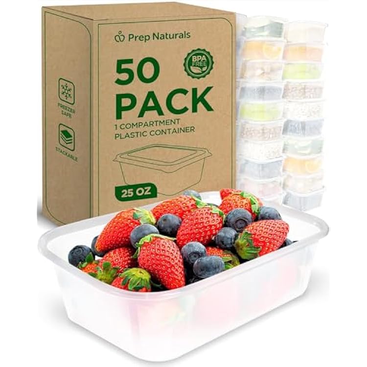 Prep Naturals 25 oz Meal Prep Containers - BPA-Free Food Storage Containers with Lids - Microwave & Freezer Safe Soup Bowls with Lids - Dishwasher Safe Meal Prep Bowls - Pack of 50, Clear