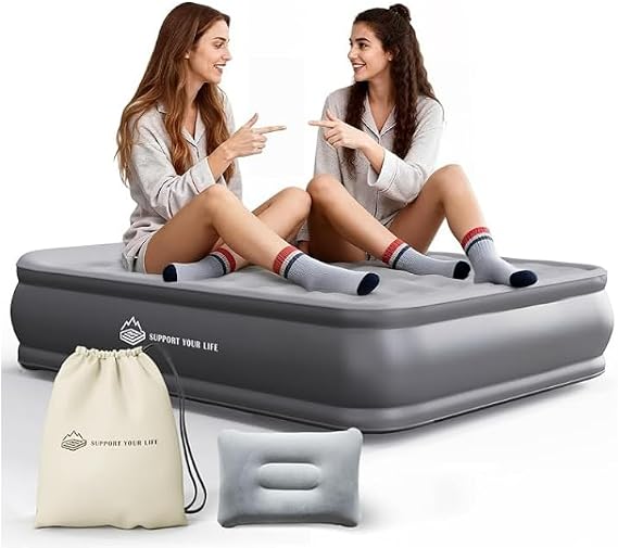 JUITOY Queen Air Mattress with Built in Pump Newly Upgraded one-Touch air Mattress with pillowNo Peculiar Smell for Camping,Home,Guests & Portable Travel,18"/770lbs Max Blow Up Bed