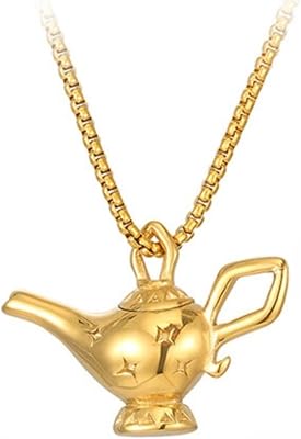 Lucky Aladdins Lamp Wish Charm Necklace, Stainless Steel Genie Lamp Pendant Chain Necklace for Women Men, Vintage Fantasy Fashion Jewelry Gift