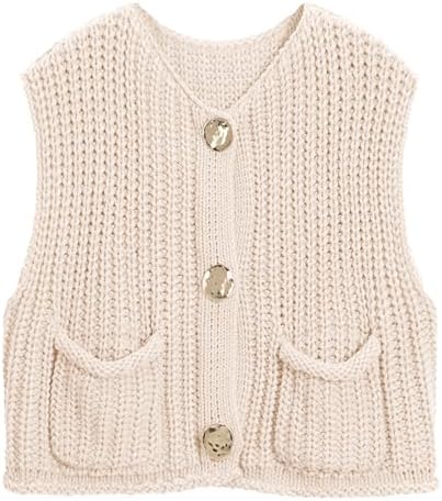 Hixiaohe Womens Crochet Chunky Knit Top Sleeveless Button Down Crop Tops Trendy Cardigan Sweater Vest for Women with Pockets