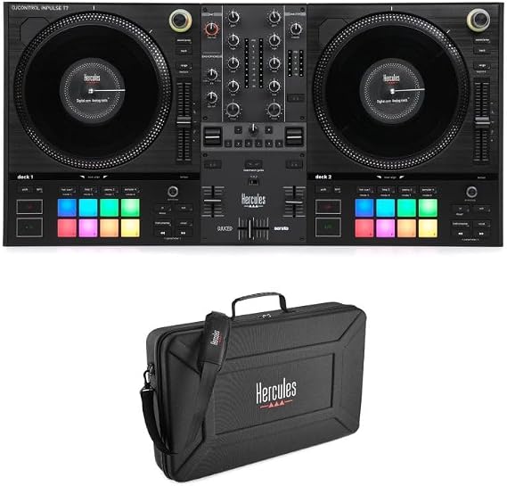 Hercules DJ DJControl Inpulse T7 2-Deck Motorized DJ Controller with Travel Bag, Professional Features, Built-In Tutorials, 7-Inch Vinyl Motorized Platters, Serato DJ Lite and DJUCED Compatible
