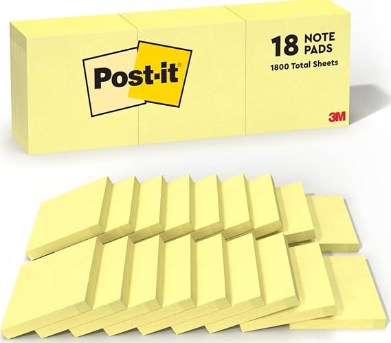 Post-it Notes, 3 x 3 in, The Iconic Canary Yellow Note, 18 Pads | School Supplies and Office Products