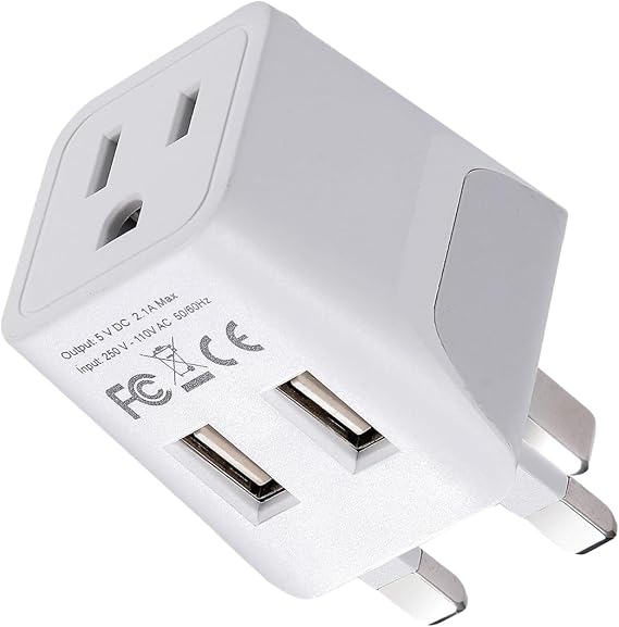 Ceptics UK adapters for Travel to London, Hong Kong, Ireland - Dual USB-A & USA Input - Type G Adapter Grounded - Ideal for Phone, Laptop, Cameras