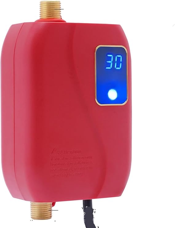 Tankless Water Heater 110V 3000W Mini Electric Tankless Heater 35-45C Instant Hot Water Heater with LCD Display for Home Kitchen Washing (Red)