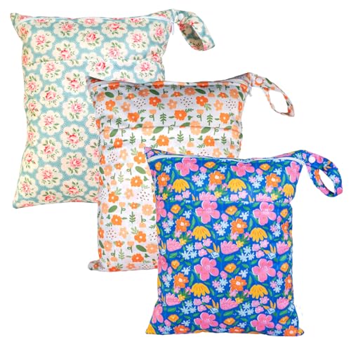 Wet Dry Bag Reusable Waterproof Swimming Bag Travel Beach Pool Yoga Gym Bag for Baby Cloth Diaper Swimsuits Wet Clothes Two Zipper Pockets 3 Pack Floral 3L09