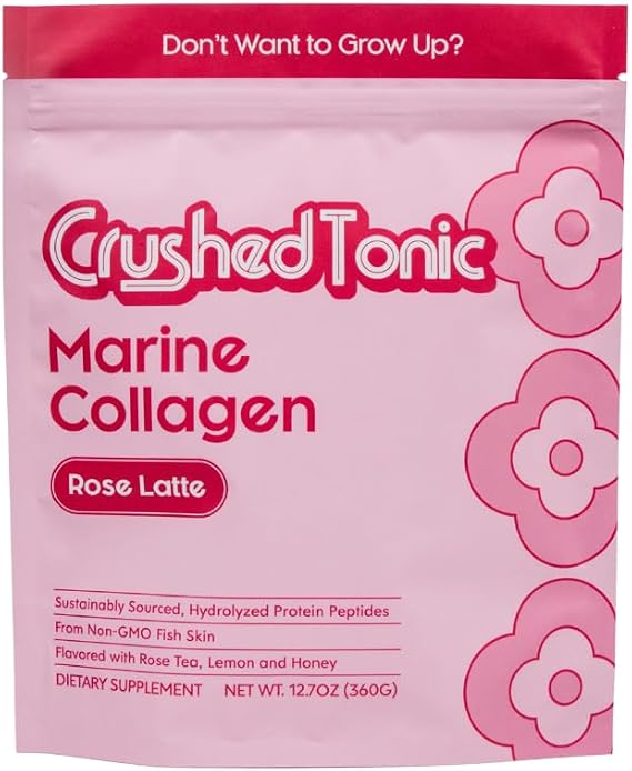 Crushed Tonic Korean Beauty Collagen Powder | Hydrolyzed Marine Collagen Peptides for Skin Glow, Hair & Nails | K-Beauty Drink | Gluten-Free, Halal & Kosher (Rose Latte, 1 Month, Pouch)