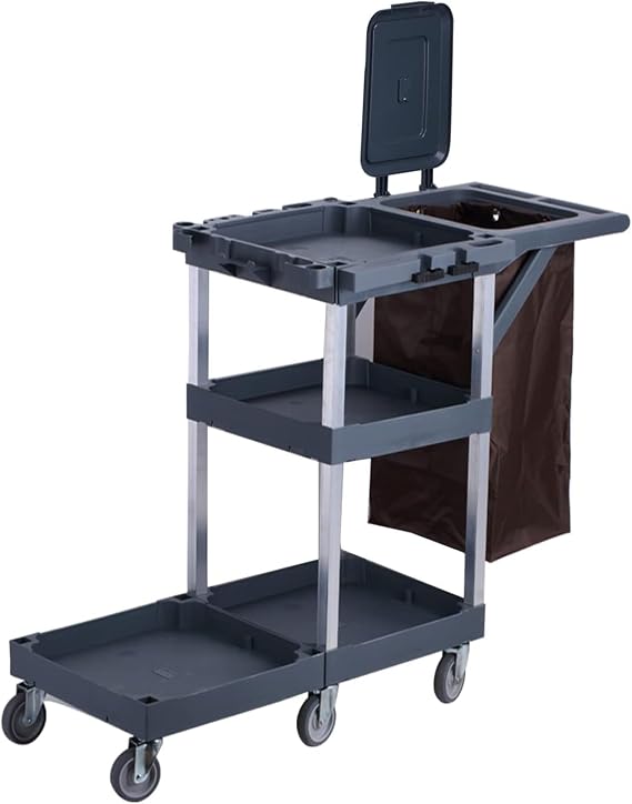 Commercial Cleaning Cart,3-Tier Janitorial Cart with Wheels, Multi-Purpose Engineered Plastic Housekeeping Cart with 30 Gallon Bag Hand Push Utility Cart,200 lbs Load Capacity (51x17.7x35.4in)