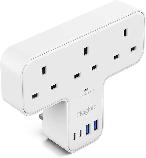Multi Plug Adapter, 7 in 1 Plug Extension Socket 3 Way with 4 USB, Plug Adapter UK, Wall Socket Plug Extender for School Home, Kitchen, Office, White