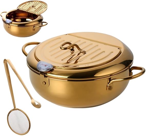 Stainless Steel Deep Fryer for Home, 115Oz Tempura Fryer Pot w/Thermometer and Oil Drip Rack Lid, Japanese Style Deep Frying Pan w/Strainer Clip, for Tempura chips, Fish, and Chicken (Gold)