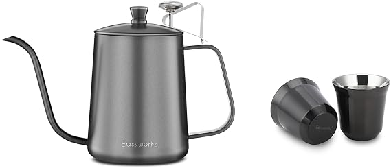 Easyworkz Gage Gooseneck Pour Over Coffee Kettle 20 oz with Thermometer Stainless Steel Hand Drip Coffee Pot, Bundled with Espresso Cup 2pcs Set Double Wall Insulated Metal Demitasse Cups 2.5 oz