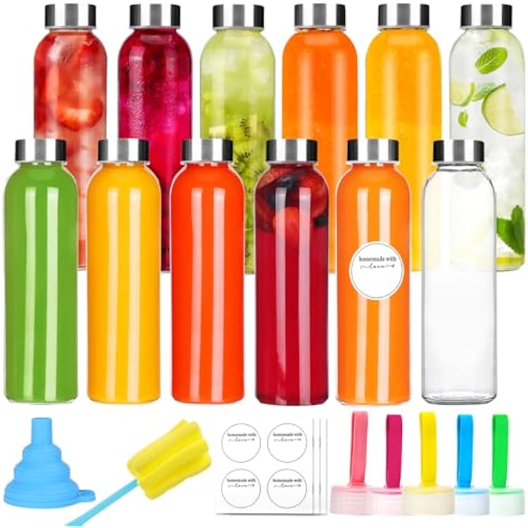 CUCUMI 18oz Glass Juice Bottles, 12pcs Glass Water Bottles with Stainless Steel Lids, Reusable Bulk with Funnel, Stickers, Brush and 12 Replaceable Caps
