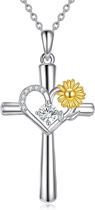 YYB Christmas Gifts for Women Cross Necklace for Women Sterling Silver Birthstone Necklace Birth Month Flower Catholic Gifts Birthday Holiday Gift for Her