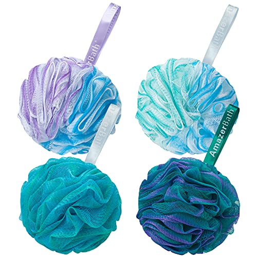 AmazerBath Loofah Sponge 75gPiece, Exfoliating Bath Sponge Body Scrubber - Loofa Set of 4 Flower Color Large, Green-Purple