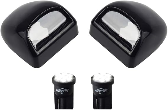 HERCOO LED License Plate Light Lamp Lens White Bulbs Black Rear Housing Compatible with 1999 after Silverado Sierra Avalanche Suburban Escalade Yukon GMC Cadillac Truck Step Bumper, Pack of 2