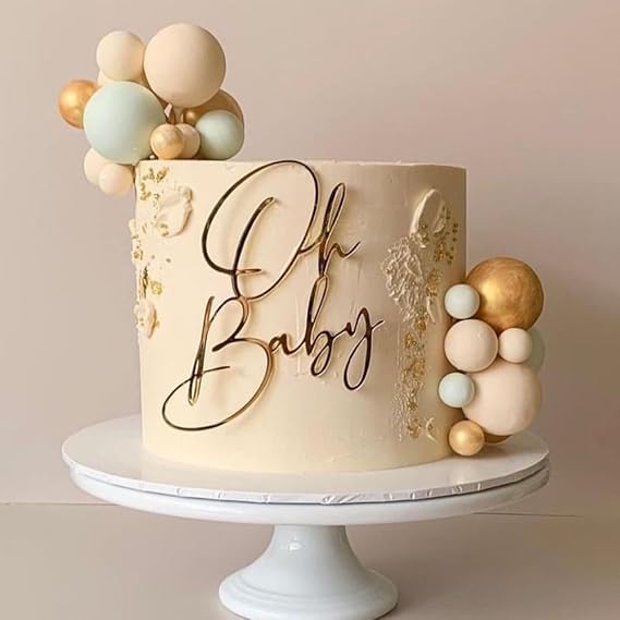 Oh Baby Cake Topper, Golden Acrylic Babyshower Party Cake Decoration, Baby Baptism or Gender Reveal Party Cake Decoration