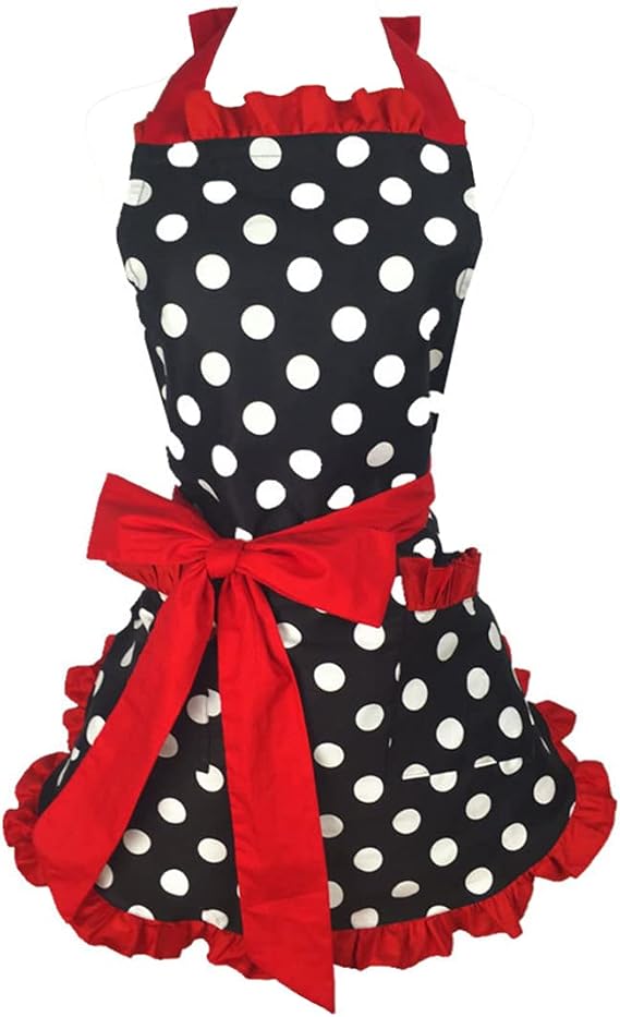 Cute Apron Retro Black Polka Dot Retro Ruffle Side Vintage Cooking Aprons with Pockets for Women Girls (Side Red)