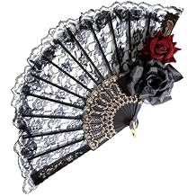 Halloween Black Hand Fan Lace Rose Handheld, Vintage Retro Flower Spanish Large Folding Fan for Women Girls Halloween Party Cosplay Costume Photo Props, Party Performance, Dance, Decorations, Gift