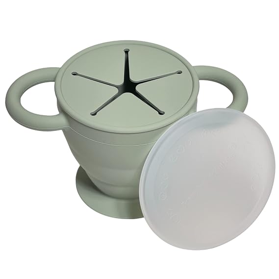 BraveJusticeKidsCo. | Snack Attack II Snack Cup | Collapsible Silicone Snack Container | Toddler and Baby Snack Catcher Lid (Desert Sage)