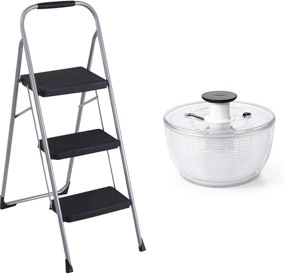 Cosco 11408PBL1E Three Big Folding Step Stool with Rubber Hand Grip, Platinum and OXO Good Grips Large Salad Spinner