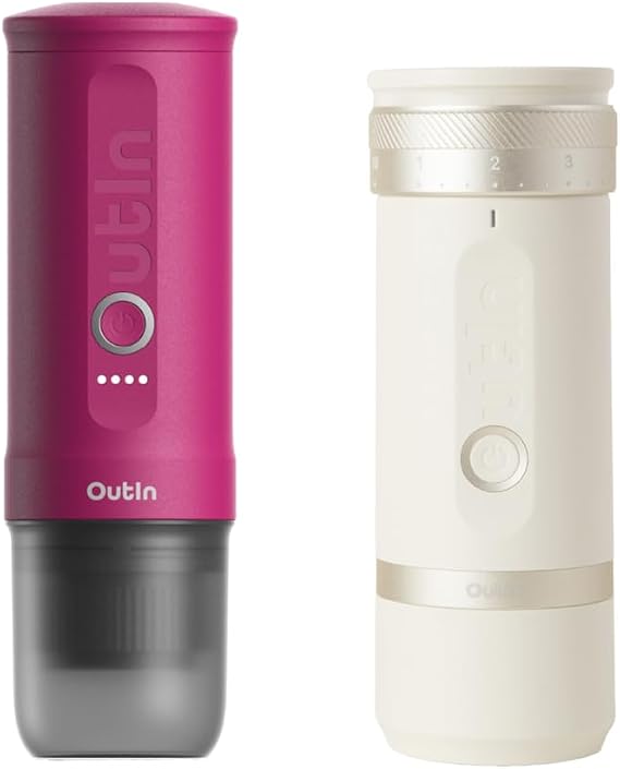 OutIn Nano Portable Electric Espresso Machine with Fino Portable Electric Coffee Grinder, White & Red