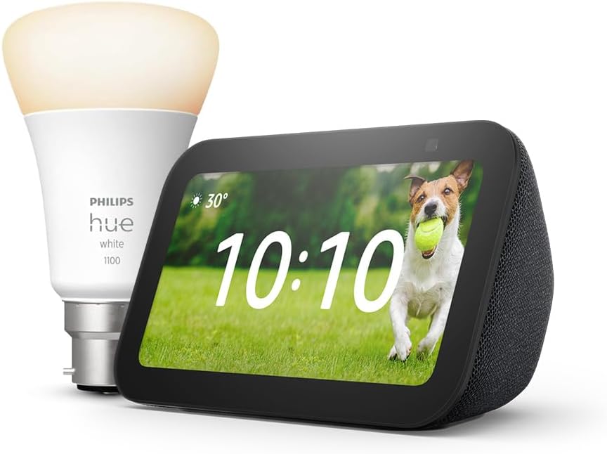 Echo Show 5 (Newest gen), Charcoal + Philips Hue White Smart Light Bulb LED (B22), with Alexa+ Early Access