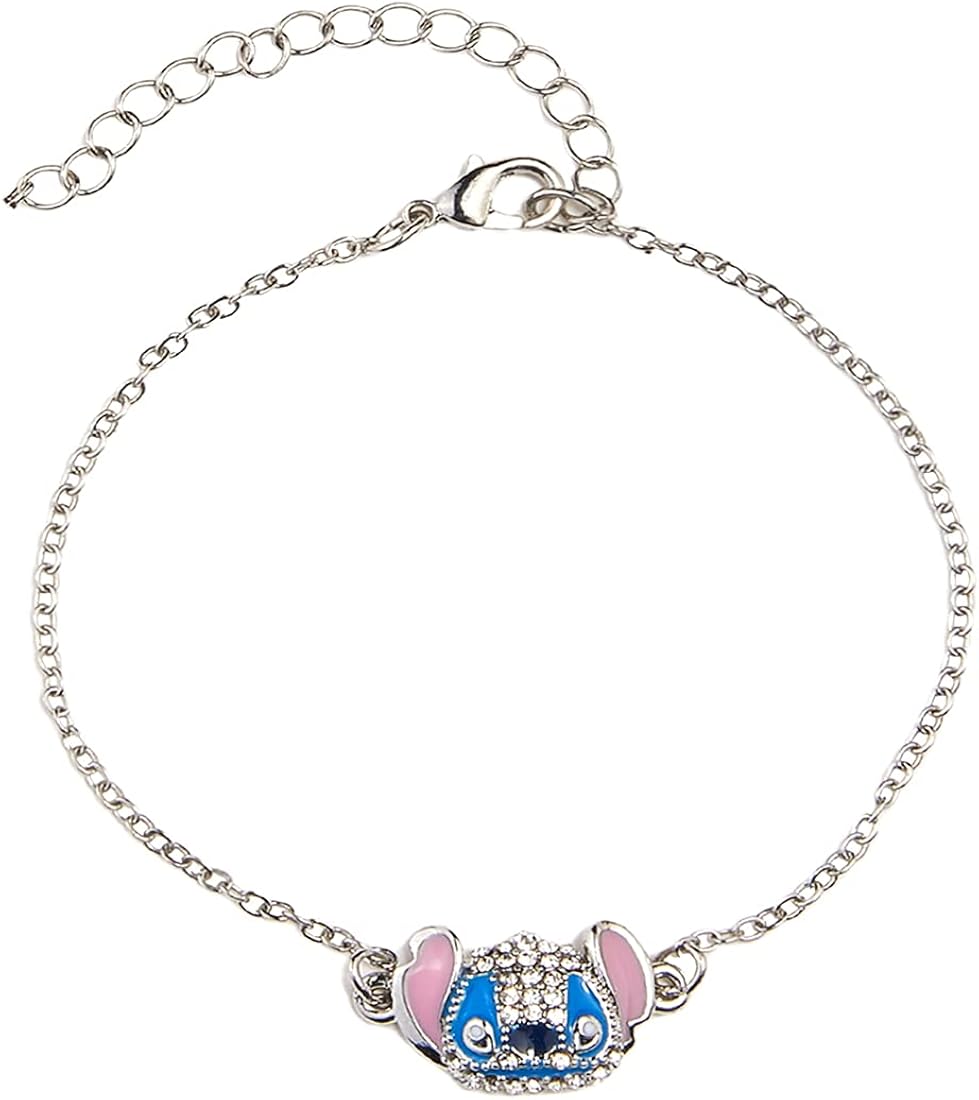 Dckazz Stitch Bracelet Stitch Gifts for Women Ohana means Family Jewelry Girls Kids Hawaiian Hibiscus Charm Adjustable Link Chain Bracelet Silver