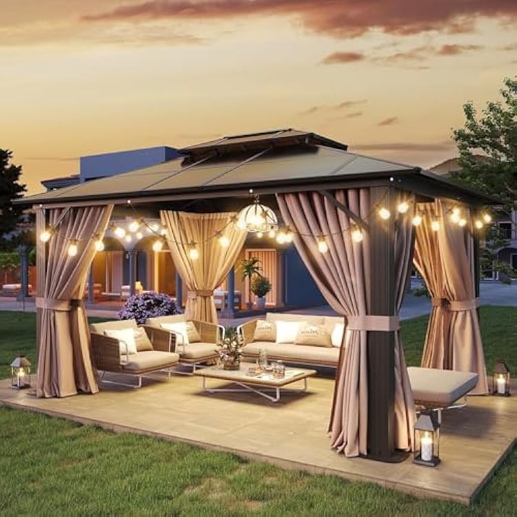 Aoxun 10x12 Hardtop Gazebo, Aluminum Frame Permanent Pavilion with Light, Curtains and Netting, Outdoor Polycarbonate Gazebo, Double Roof Canopy, for Gardens, Patios, Lawns